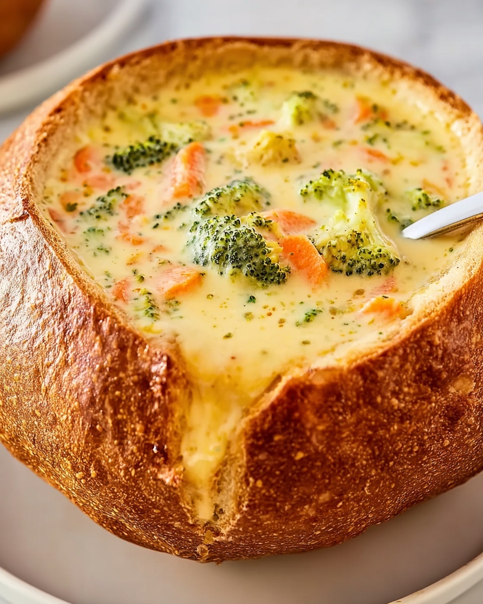 Large white bowl-shaped sourdough bread loaf filled to the brim with creamy broccoli cheese soup, abundant with vibrant broccoli florets, tender carrot slices, and melted cheese swirled throughout the rich soup, showing the entire uncut bread bowl on a white marble countertop, natural lighting emphasizing the golden crust texture and glossy soup surface, professional food magazine style hero shot photo taken with an iphone --ar 4:5 --v 7