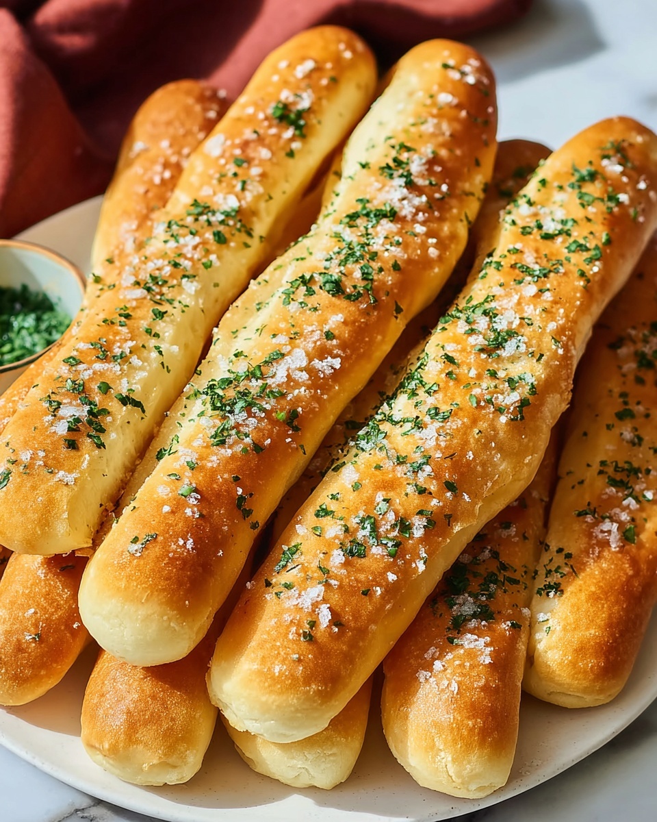 Large white serving platter heaped with a full batch of golden, freshly baked garlic breadsticks, each topped with coarse salt crystals and finely chopped parsley, showcasing their perfectly soft but slightly crisp texture, arranged invitingly on a white marble countertop with natural lighting emphasizing the warm tones and glistening butter, styled as a hero shot from a food magazine, photo taken with an iphone --ar 4:5 --v 7