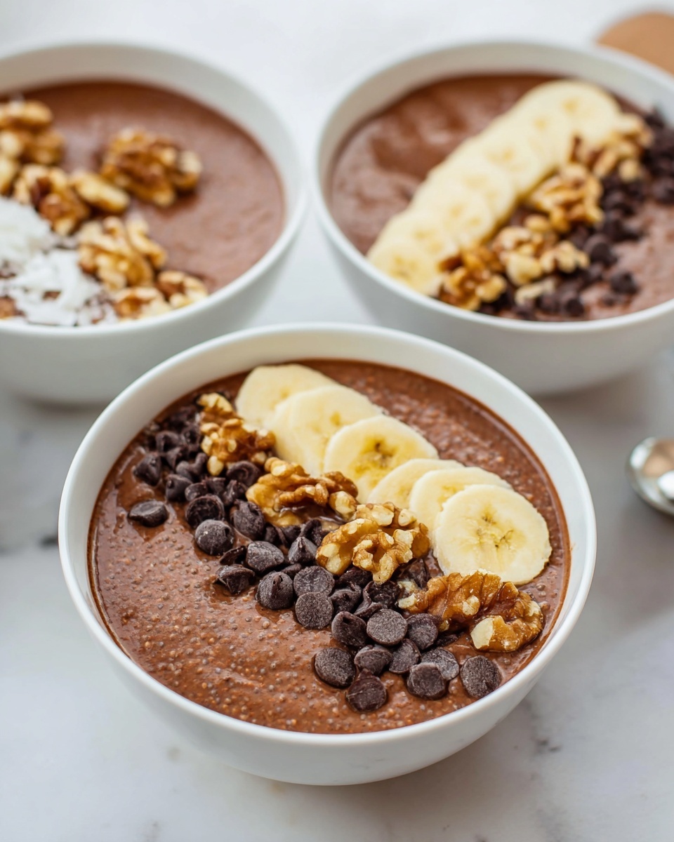 Three large white bowls filled with rich, creamy chocolate chia pudding, each bowl beautifully garnished with different toppings: sliced bananas and dark chocolate chips, toasted coconut flakes, and crunchy walnut pieces, all arranged together on a white marble countertop under natural light, professional food styling, overhead shot capturing the full presentation of the complete dish, photo taken with an iphone --ar 4:5 --v 7