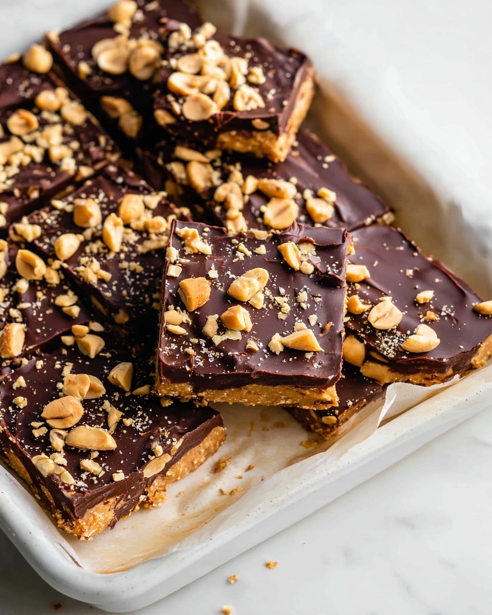 Date Snickers Recipe 6 Large white rectangular baking dish filled with homemade peanut butter chocolate bars, topped generously with a thick layer of glossy dark chocolate and sprinkled with whole and crushed roasted peanuts, the bars neatly arranged in the pan showcasing the rich, dense texture of the peanut butter base beneath the chocolate, all photographed at a 3/4 angle on a white marble countertop with natural lighting, professional food magazine hero shot photo taken with an iphone --ar 4:5 --v 7