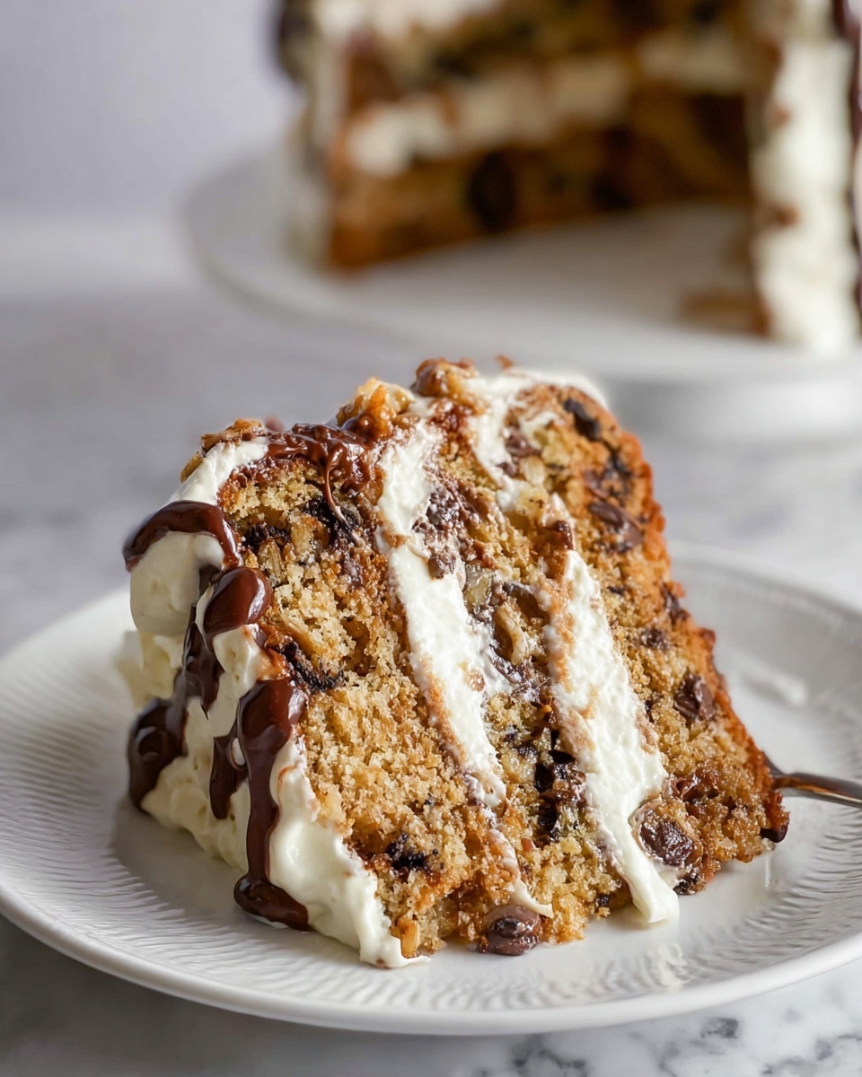 Whole layered chocolate cake displayed on a white cake stand, featuring rich chocolate sponge layers separated by thick, creamy vanilla frosting, topped with generous swirls of piped vanilla cream around the edge, elegantly drizzled with smooth, glossy dark chocolate ganache cascading down the sides, professional 3/4 angle food styling shot on white marble countertop with natural lighting, photo taken with an iphone --ar 4:5 --v 7