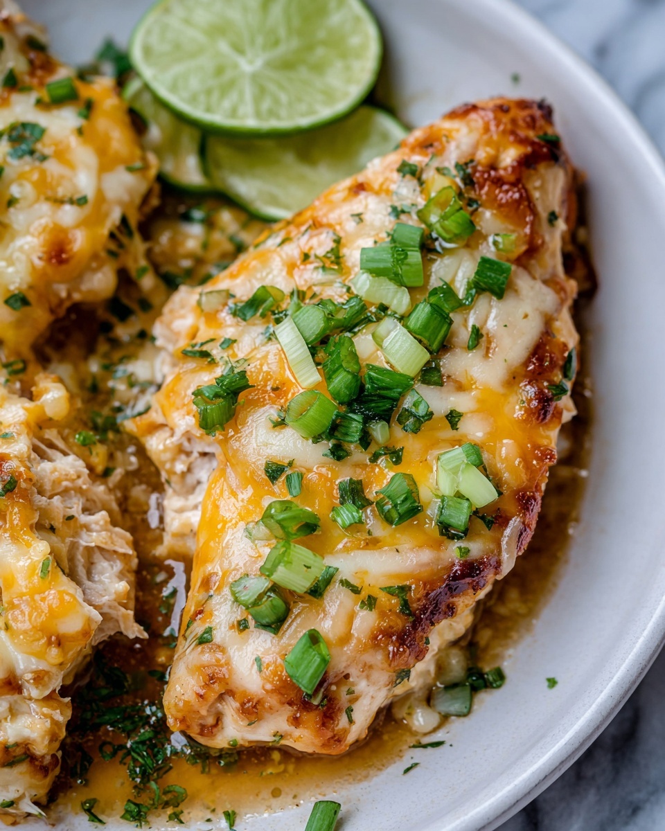 Large white enamel baking dish filled with whole baked chicken breasts generously topped with melted shredded cheese and herbs, nestled in a flavorful, rich sauce with visible herbs and seasoning, photographed from a 3/4 angle on a white marble countertop with natural lighting, professional food styling photo taken with an iphone --ar 4:5 --v 7