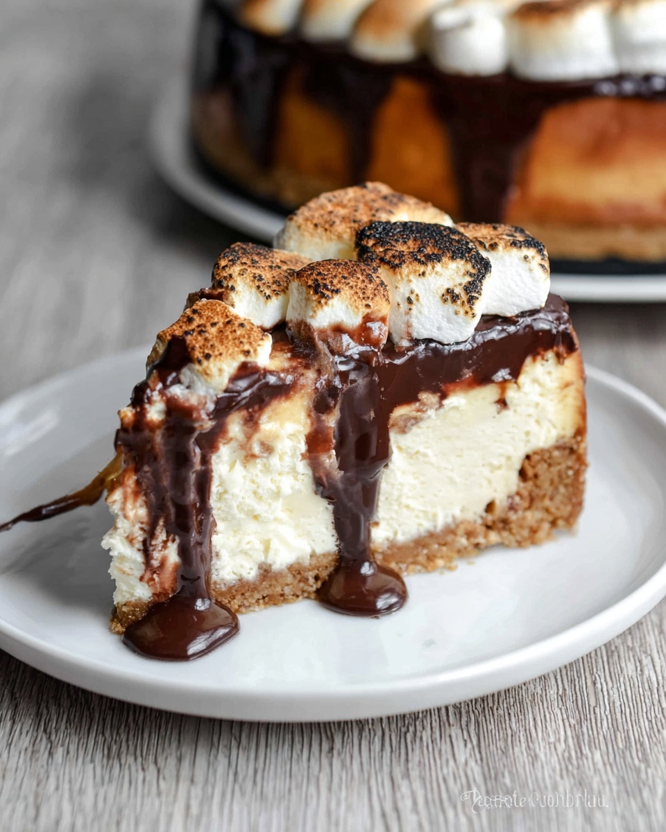 Whole cheesecake presented in a white round springform pan, featuring a thick golden graham cracker crust beneath a smooth, creamy layer of cheesecake, topped with an even layer of toasted mini marshmallows and drizzled generously with glossy melted chocolate that cascades down the sides, all showcased in a professional 3/4 angle shot on a white marble countertop with natural lighting, styled as a hero food magazine image, photo taken with an iphone --ar 4:5 --v 7
