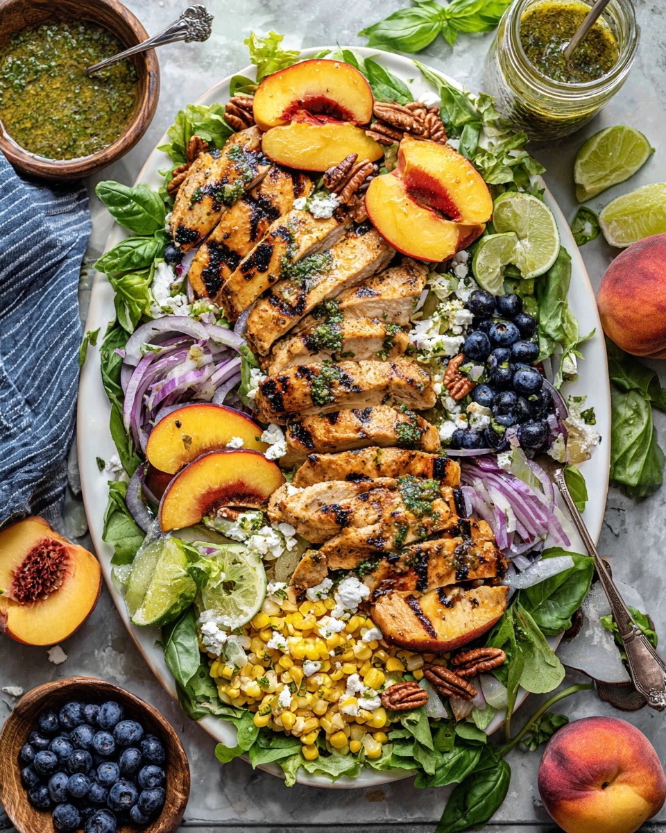 Grilled Chicken and Peach Salad with Corn and Lime Basil Dressing Recipe