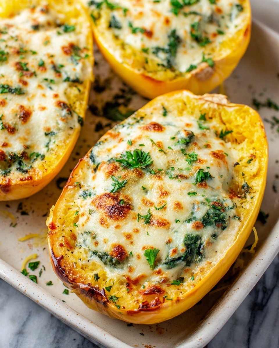 A large white baking tray filled with whole baked stuffed spaghetti squash halves, each neatly packed with creamy cheese sauce, tender spinach, and freshly chopped parsley, the cheese golden-brown and bubbly on top, presented as a complete dish without any slices missing, photographed from a 3/4 angle on a white marble countertop with natural lighting, styled like a hero shot from a food magazine, photo taken with an iphone --ar 4:5 --v 7