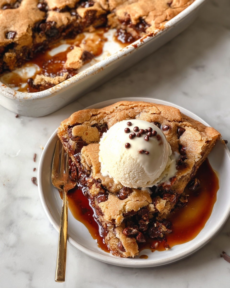 Full rectangular metal baking pan filled with warm, freshly baked chocolate chip cookie bars, golden brown with melted chocolate chunks visible on the surface, the cookie bars perfectly risen and intact without any missing portions, accompanied by small white bowls containing chocolate chips and rich chocolate sauce on a striped cloth, whole dish photographed from a 3/4 angle on a white marble countertop in natural lighting, professional food styling photo taken with an iphone --ar 4:5 --v 7