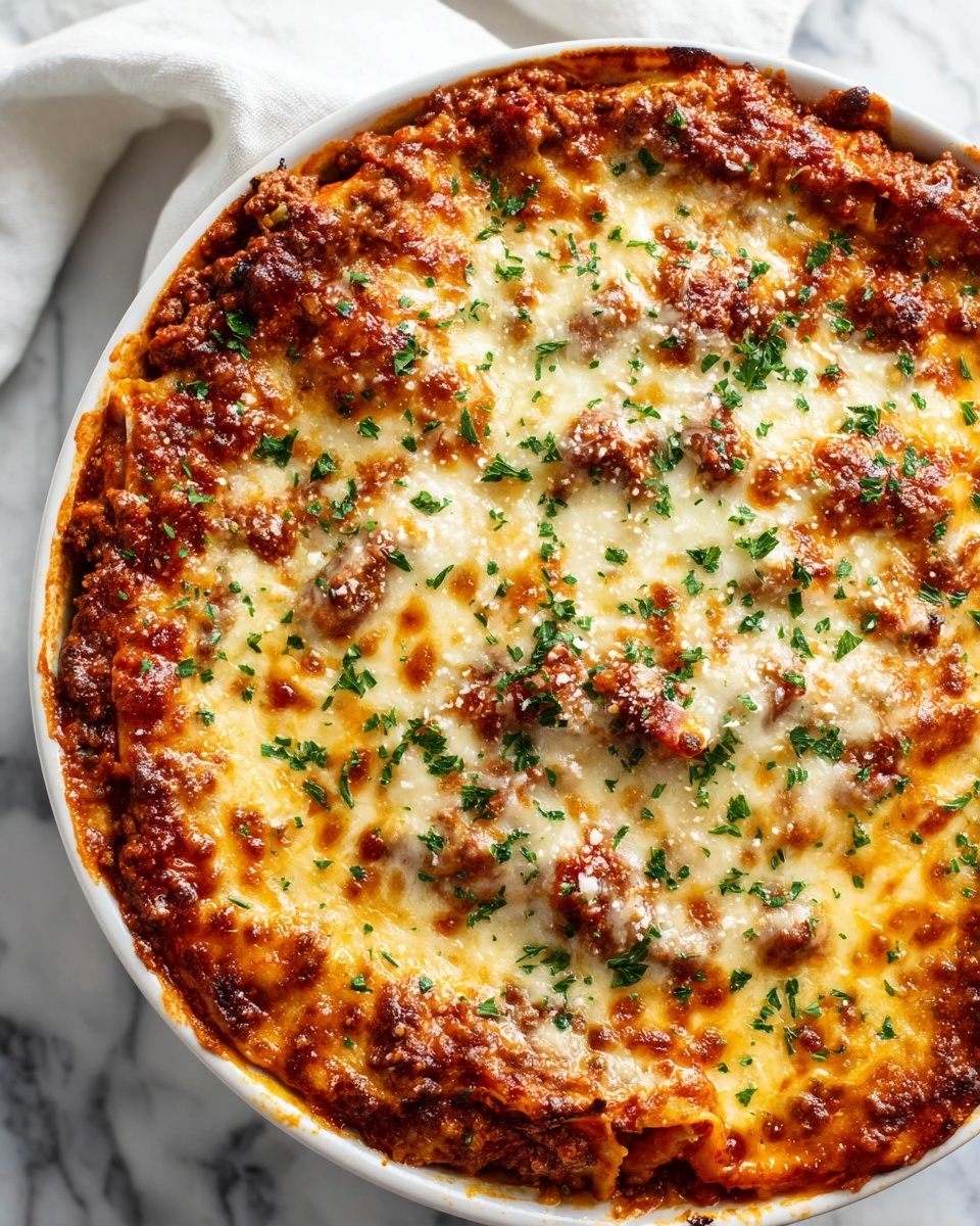 Spaghetti Pie with Ricotta, Meat Sauce, and Melting Mozzarella Recipe 6 Large white round baking dish filled with a whole, golden-browned baked lasagna topped with a bubbly layer of melted mozzarella and Parmesan cheese sprinkled with fresh parsley flakes, showing rich layers of tomato sauce, ground meat, and creamy ricotta beneath, photographed from a 3/4 angle on a white marble countertop with natural lighting, professional food styling, photo taken with an iphone --ar 4:5 --v 7