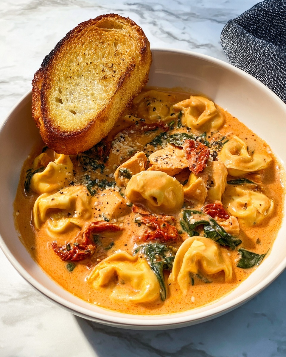 Large white enamel pot filled with creamy creamy tomato tortellini soup, showing a luscious, rich orange broth studded with tender cheese tortellini, fresh spinach leaves, and chunks of sun-dried tomatoes, all infused with herbs and spices, whole dish captured from a 3/4 angle on a white marble countertop with natural lighting, styled like a hero shot from a food magazine, photo taken with an iphone --ar 4:5 --v 7