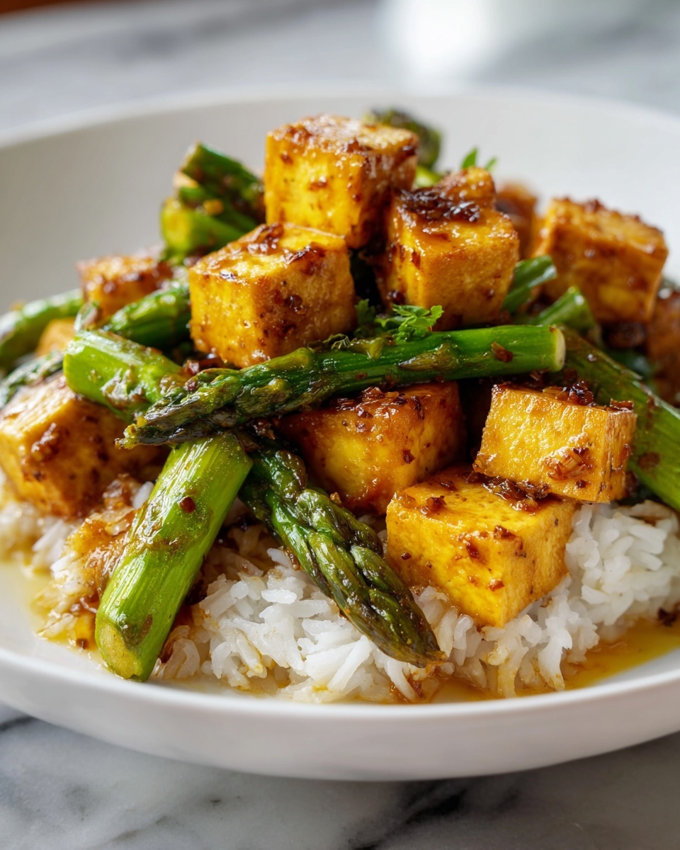 Large white serving platter heaped with golden-browned pieces of chicken and vibrant green asparagus spears, all coated in a glossy, savory sauce, resting over a generous bed of fluffy white rice, perfectly arranged to showcase the rich textures and colors, whole dish photographed from a professional 3/4 angle on a white marble countertop with natural light, styled like a high-end food magazine hero shot, photo taken with an iphone --ar 4:5 --v 7