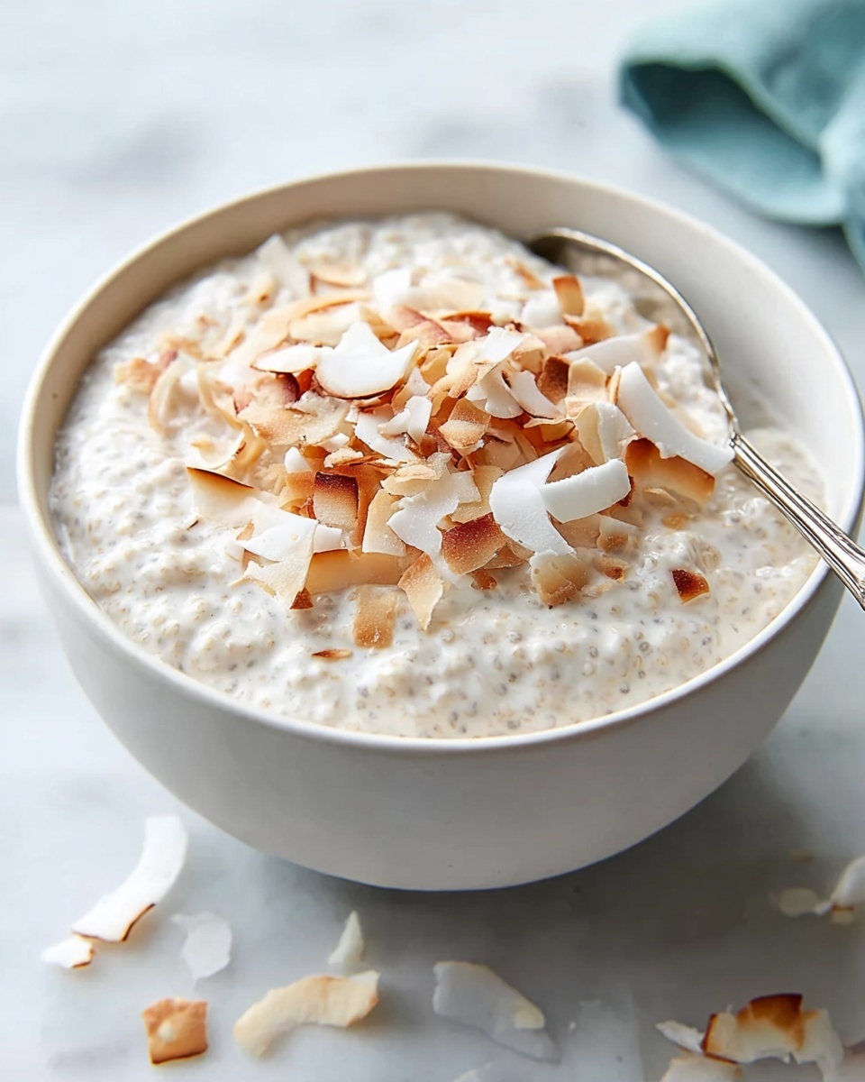 Coconut Cream Pie Overnight Oats Recipe 6 Large white ceramic bowl filled with creamy oatmeal topped generously with toasted coconut flakes, showing the entire serving in one bowl, placed on a white marble surface with natural lighting, photographed from a 3/4 angle, styled as a hero shot for a food magazine, photo taken with an iphone --ar 4:5 --v 7