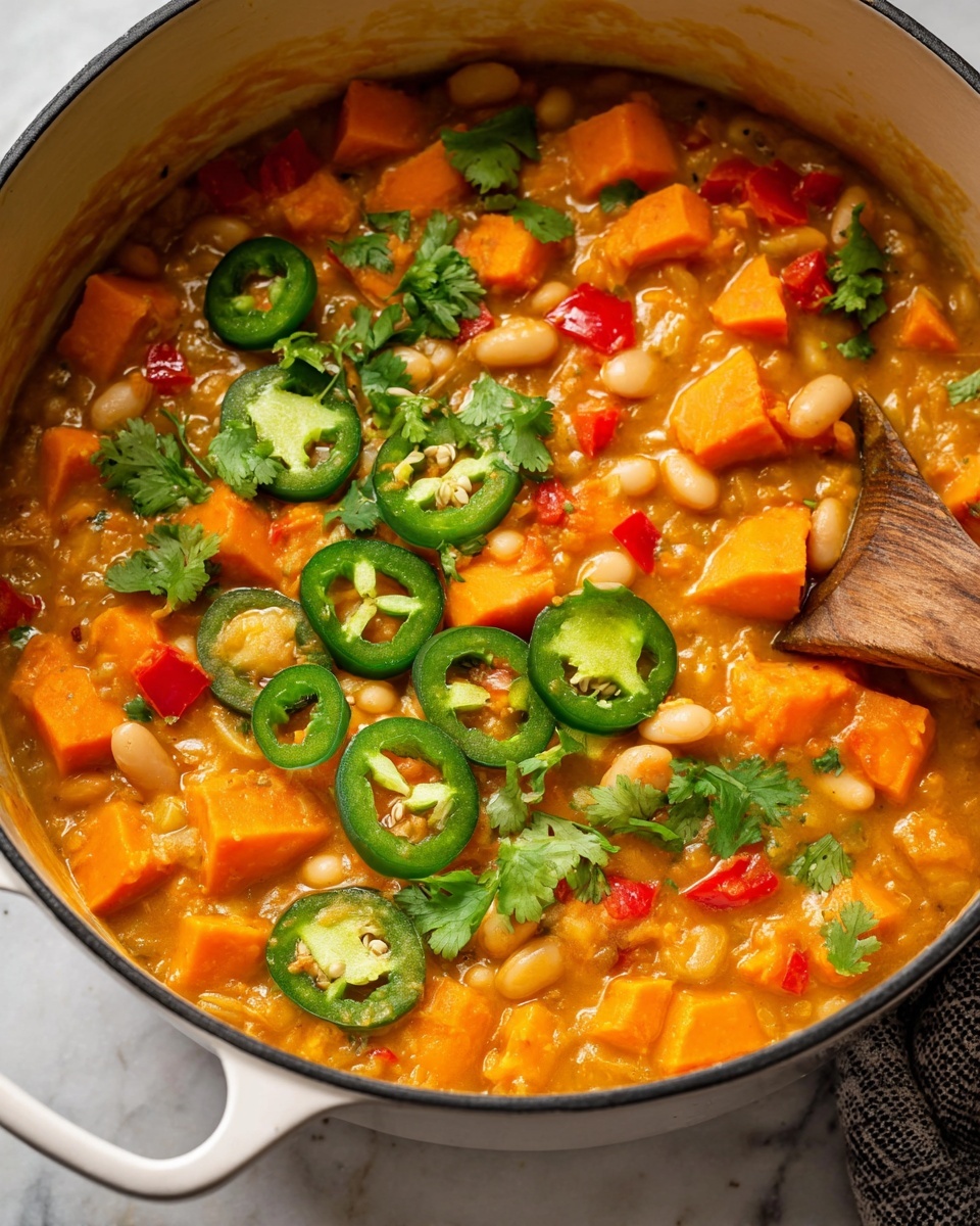 Butternut Squash & White Bean Vegan Chili Recipe 6 Large white enamel pot filled with creamy, hearty sweet potato and white bean stew, featuring vibrant chunks of tender orange sweet potatoes, whole white beans, and diced red bell peppers simmered in a rich spiced broth, garnished generously with fresh cilantro leaves and crisp slices of jalapeño peppers, whole dish shot from a 3/4 angle on a white marble countertop with natural light, styled like a hero shot from a food magazine, photo taken with an iphone --ar 4:5 --v 7