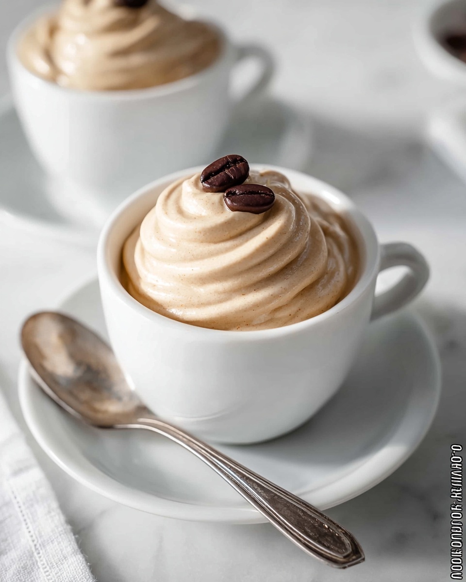 Two white mugs filled to the brim with smooth, creamy coffee-flavored mousse, each topped with a perfectly swirled peak and adorned with a single shiny chocolate-covered espresso bean, placed on matching white saucers with vintage silver spoons, all arranged neatly on a white marble surface with natural lighting, professional food styling photo taken with an iphone --ar 4:5 --v 7