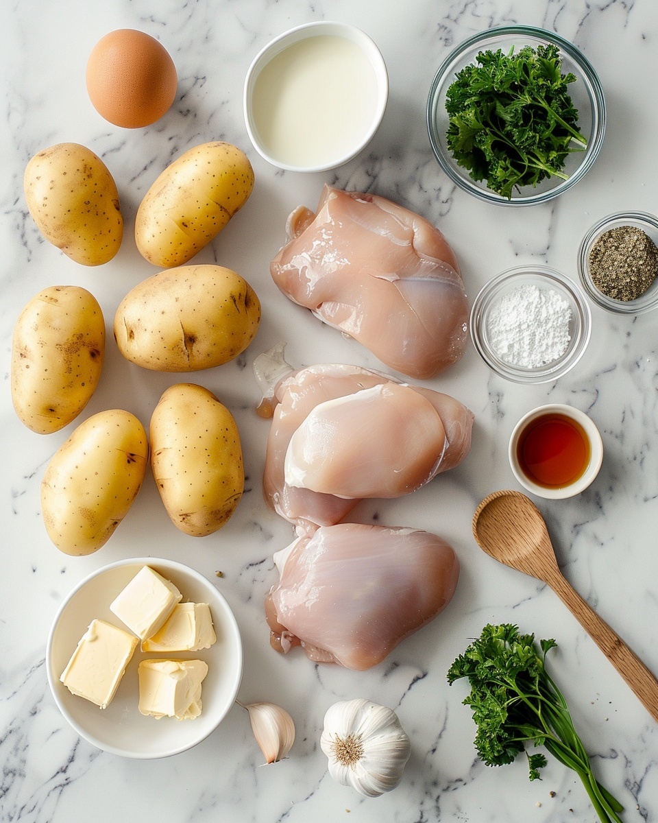 Chicken with Creamy Dijon Sauce and Mashed Potatoes Recipe 5 Single white bowl featuring a close-up of a generous serving of creamy mashed potatoes with a shallow well filled with smooth, pepper-speckled gravy, topped with a perfectly seared, golden-brown chicken piece drizzled with rich, velvety gravy and garnished with freshly chopped parsley, angled to reveal the fluffy texture of the potatoes and the tender surface of the chicken, set on a white marble surface under natural lighting, styled as a comforting individual plated serving photo taken with an iphone --ar 4:5 --v 7
