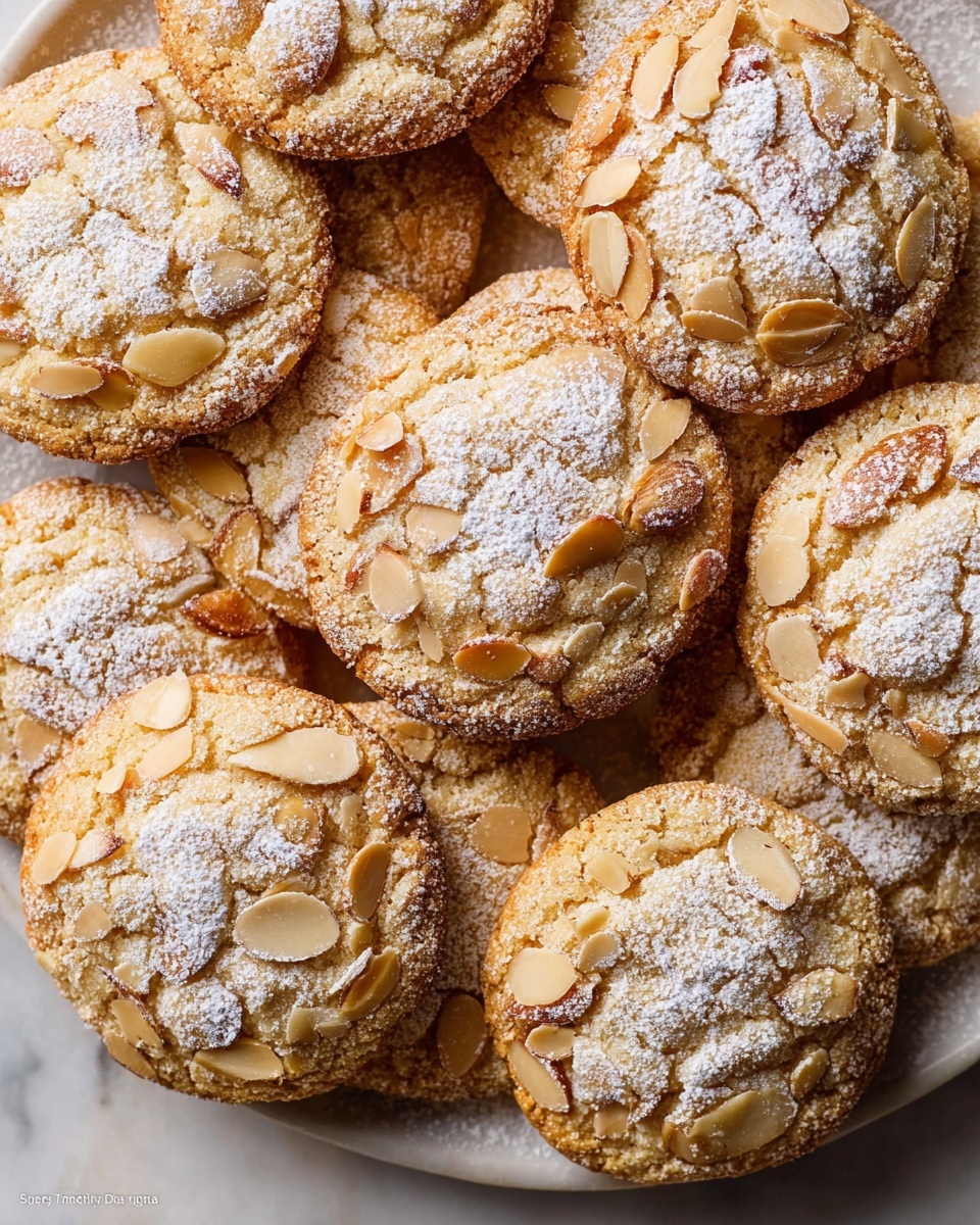 A white serving platter filled with a generous batch of whole almond cookies, each cookie golden brown with a slightly crisp edge and topped abundantly with toasted almond slices, dusted evenly with powdered sugar creating a delicate snowy effect, all arranged closely to showcase their uniform round shapes and textured surface. The scene is set on a white marble countertop with natural soft lighting highlighting the warm tones and almond details, captured in a professional 3/4 angle hero shot from a food magazine. Photo taken with an iphone --ar 4:5 --v 7