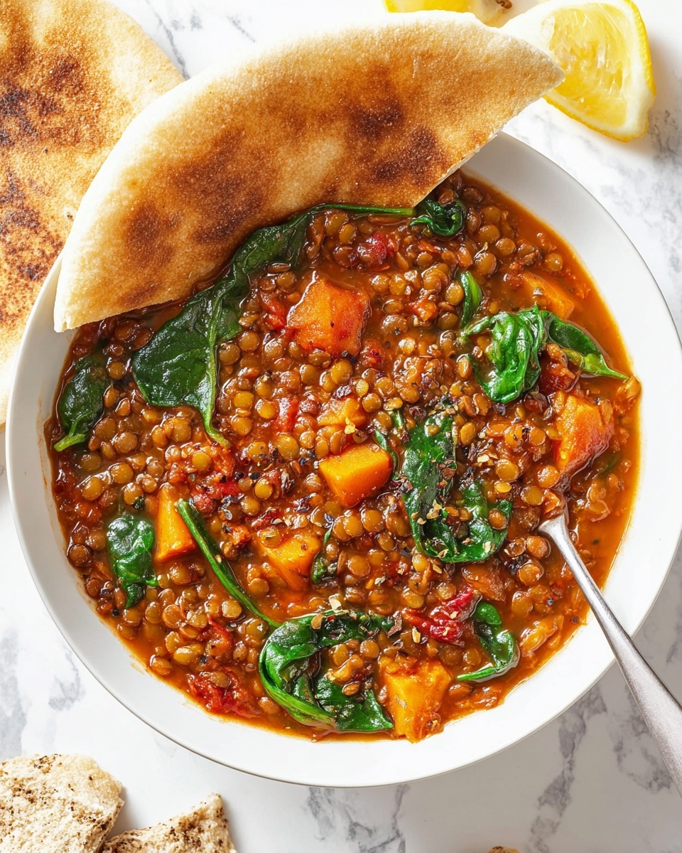Large white bowl filled to the brim with hearty lentil and vegetable stew, rich tomato-based broth bubbling with tender lentils, chunks of squash, and fresh spinach leaves, accompanied by a complete whole round of golden-brown crusty pita bread resting on the edge of the bowl, all presented on a white marble countertop with natural light highlighting the vibrant colors and textures, professional food styling photo taken with an iphone --ar 4:5 --v 7