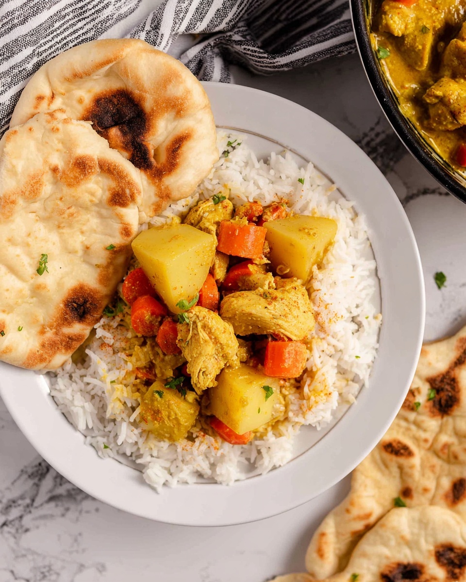 Large white ceramic pot filled with rich golden curry stew, loaded with tender chunks of chicken, large cubes of potatoes, and vibrant diced carrots, the thick sauce gently simmering with spices, edges of the pot clean and glossy, whole dish captured from a 3/4 angle on a white marble countertop with natural light highlighting the warm colors, professional food magazine style photo taken with an iphone --ar 4:5 --v 7