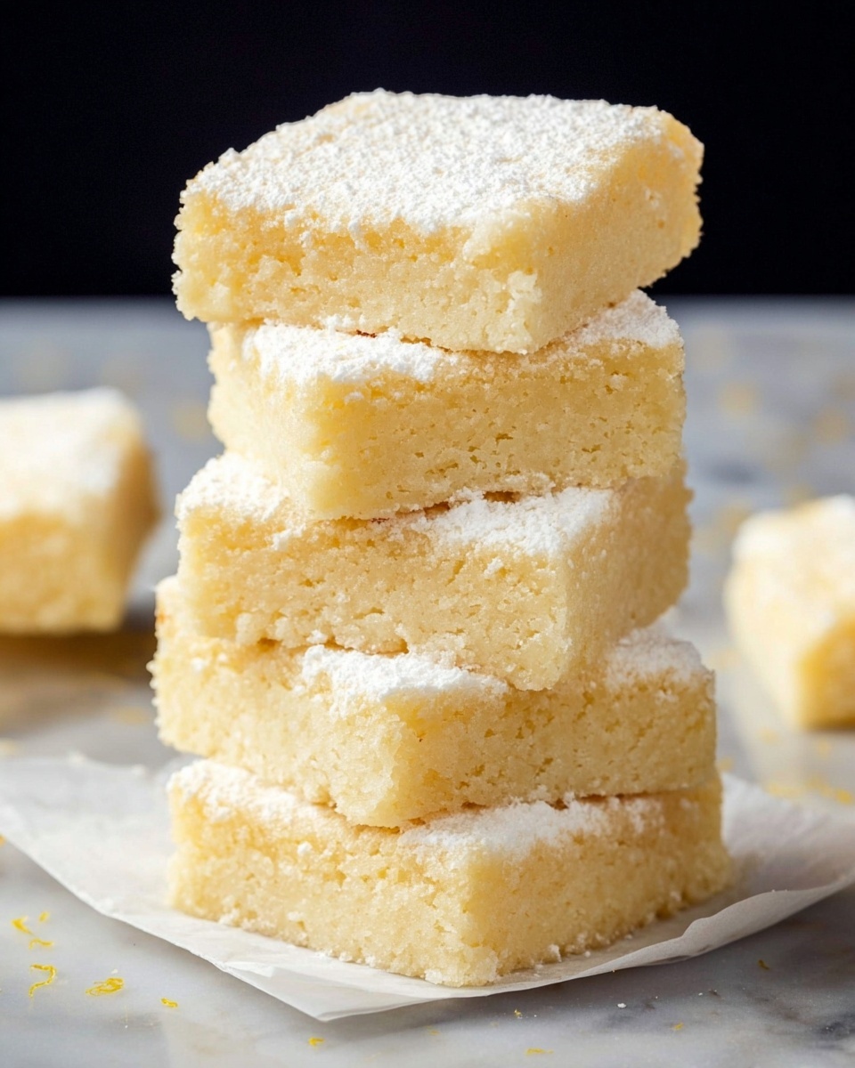 Stack of multiple whole, fluffy lemon bars with a soft, crumbly texture arranged neatly on white parchment paper inside a large white rectangular serving dish, showcasing their pale yellow color and delicate powdered sugar topping in a complete batch, shot from a 3/4 angle on a white marble countertop with natural lighting, styled as a professional food magazine hero shot, photo taken with an iphone --ar 4:5 --v 7