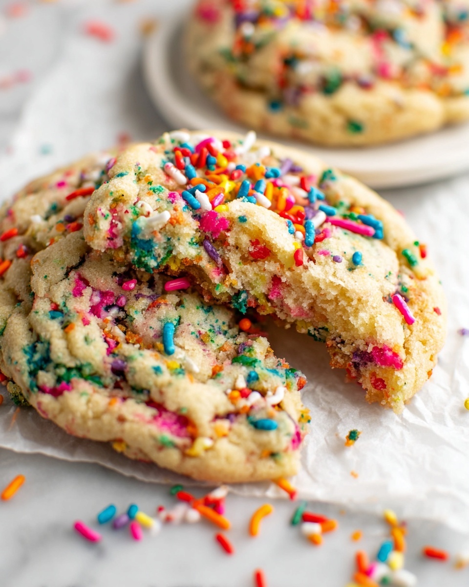 A white plate elegantly arranged with a full batch of thick, round funfetti cookies, each generously sprinkled with colorful rainbow sprinkles embedded throughout the soft, chewy dough, some cookies overlapping slightly creating a sense of abundance, the scene set on a white marble countertop with scattered sprinkles artfully strewn around, natural light highlighting the texture and colors, professional overhead food magazine style photo taken with an iphone --ar 4:5 --v 7