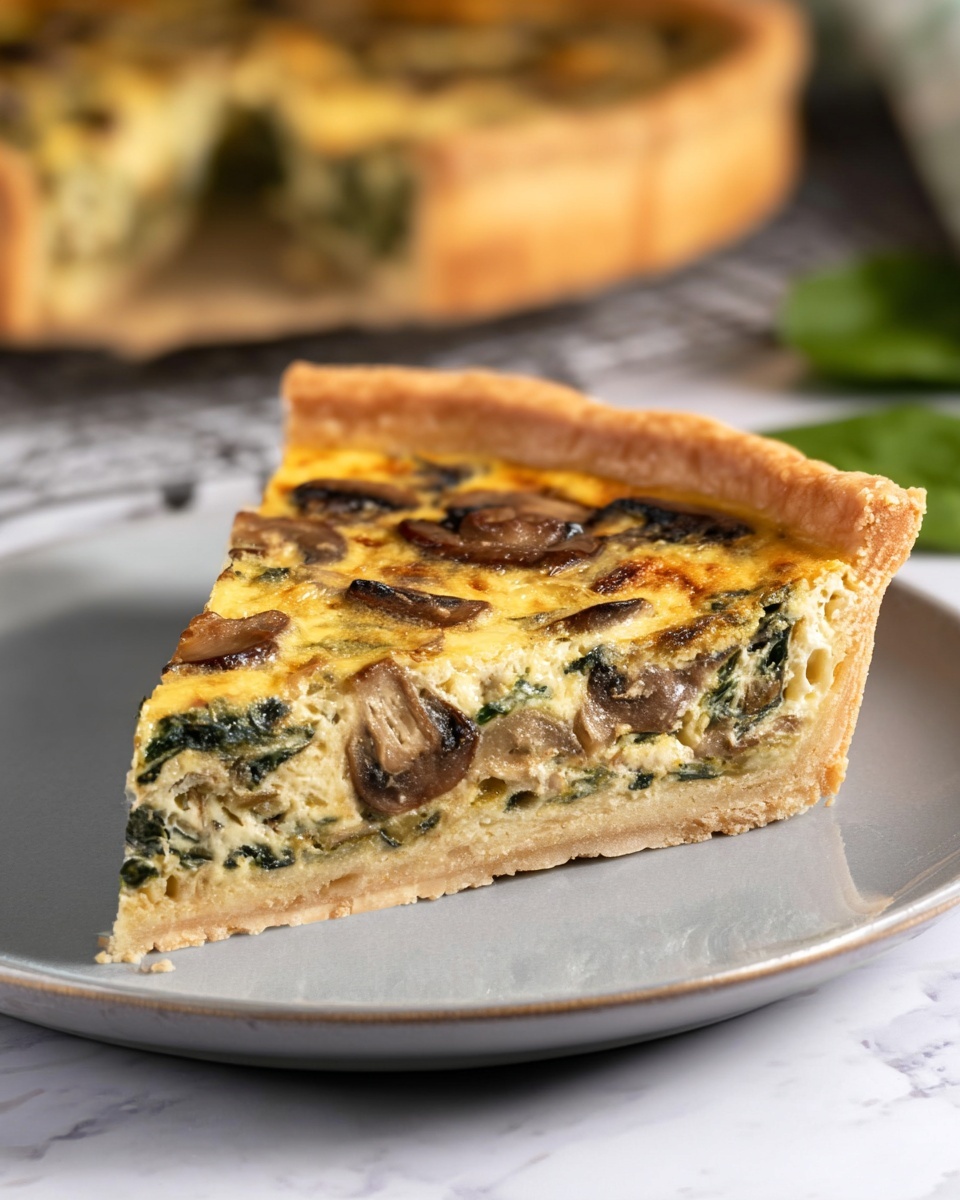 Full glass pie dish containing a whole freshly baked spinach and mushroom quiche with a golden-brown, flaky crust, packed generously with creamy egg custard laced with sautéed spinach leaves and tender mushroom slices, presented on a wooden cutting board against a white marble background, captured in natural lighting from a professional 3/4 angle food magazine style photo taken with an iphone --ar 4:5 --v 7