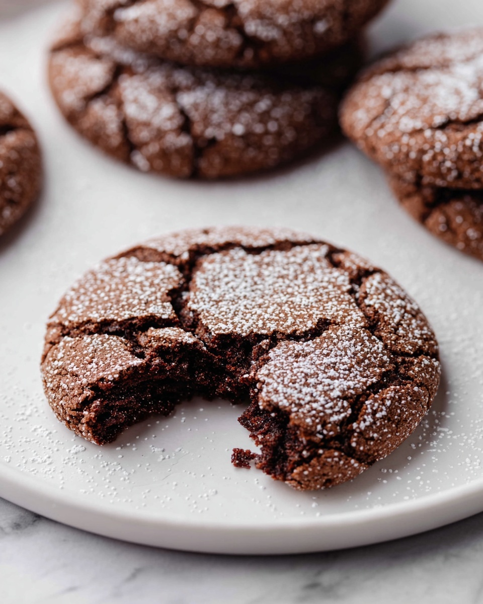 A large white plate showcasing a full batch of rich chocolate crinkle cookies arranged in a loose pile, each cookie featuring a cracked and textured surface coated with a dusting of granulated sugar that glistens under natural light, set against a white marble background with professional food styling capturing the entire dish in a 3/4 angle hero shot, photo taken with an iphone --ar 4:5 --v 7