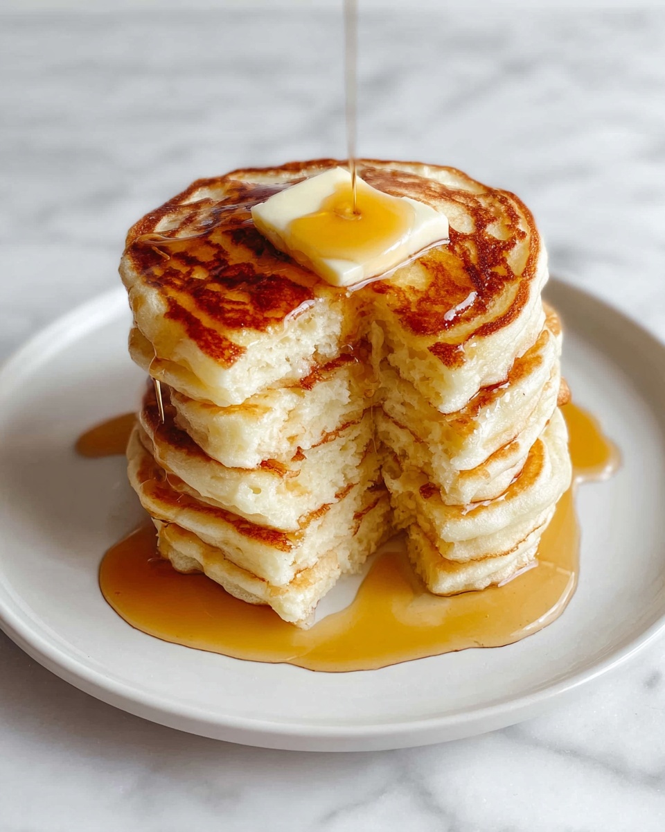 A large white plate heaped with a towering stack of fluffy golden brown pancakes, each pancake perfectly round and evenly cooked, topped with a pat of melting butter and drizzled generously with maple syrup cascading down the sides, whole stack displayed on a white marble countertop with natural lighting, professional food magazine style photo taken with an iphone --ar 4:5 --v 7