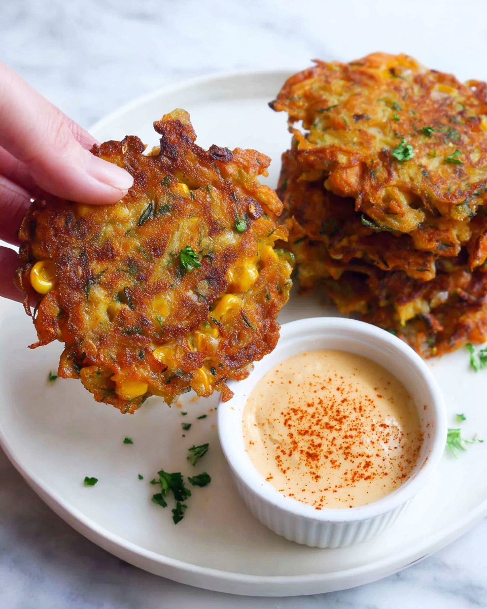 Vegetable Potato Fritters with Vegan Sriracha Mayonnaise Recipe 6 White round plate piled high with a stack of golden-brown sweet potato fritters, crispy textured with visible grated sweet potato and herbs, garnished with fresh chopped green onions and parsley scattered around, multiple fritters arranged on white plates layered with parchment paper showing the full batch, all presented on a rustic wooden board over a white marble background, natural soft lighting capturing the inviting warmth and texture, professional food styling photo taken with an iphone --ar 4:5 --v 7