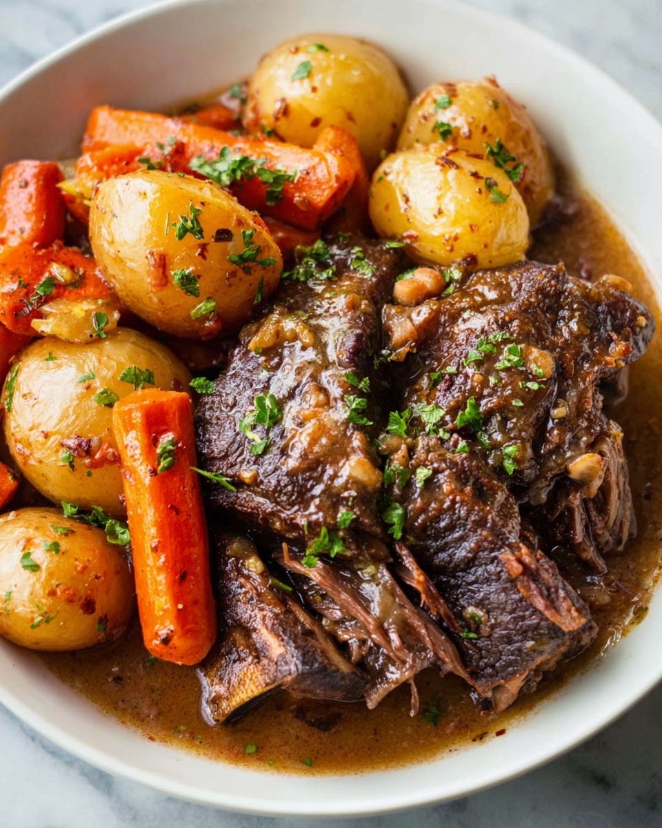 Large white ceramic slow cooker filled with a whole pot roast surrounded by tender, caramelized carrots and golden baby potatoes, all simmering in a rich, glossy brown gravy with fresh green herb garnish, whole dish captured from a 3/4 angle atop a white marble countertop, natural lighting emphasizing the savory textures and colors, professional food styling photo taken with an iphone --ar 4:5 --v 7