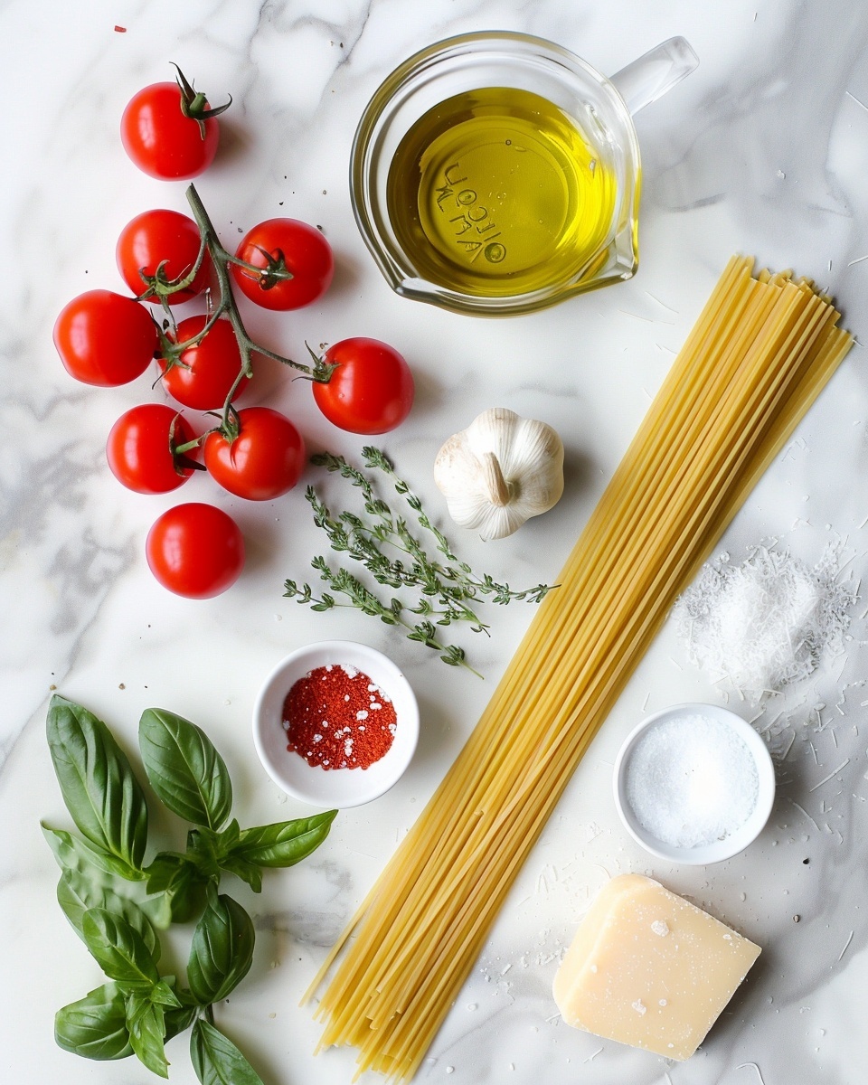 Balsamic Roasted Cherry Tomato Pasta with Fresh Basil and Parmesan Recipe 5 Single white plate with a generous portion of spaghetti tossed with roasted cherry tomatoes, fresh basil leaves, and shaved Parmesan cheese, close-up angled shot revealing tender pasta strands intertwined with vibrant, juicy tomato halves, glistening with olive oil and hints of cracked black pepper, garnished with bright green basil and delicate cheese shavings, placed on a white marble surface under natural lighting, intimate plated serving photo taken with an iphone --ar 4:5 --v 7