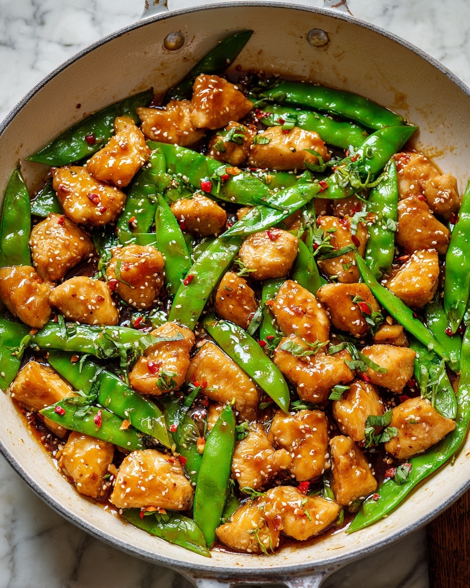 Large white skillet filled with a full serving of glossy honey garlic chicken stir-fry, featuring tender golden-brown chicken bites coated in a thick, shiny sauce, mixed with vibrant green sugar snap peas and sprinkled with red chili flakes and fresh chopped herbs, presented on a white marble countertop with natural lighting, professional food magazine style hero shot, photo taken with an iphone --ar 4:5 --v 7