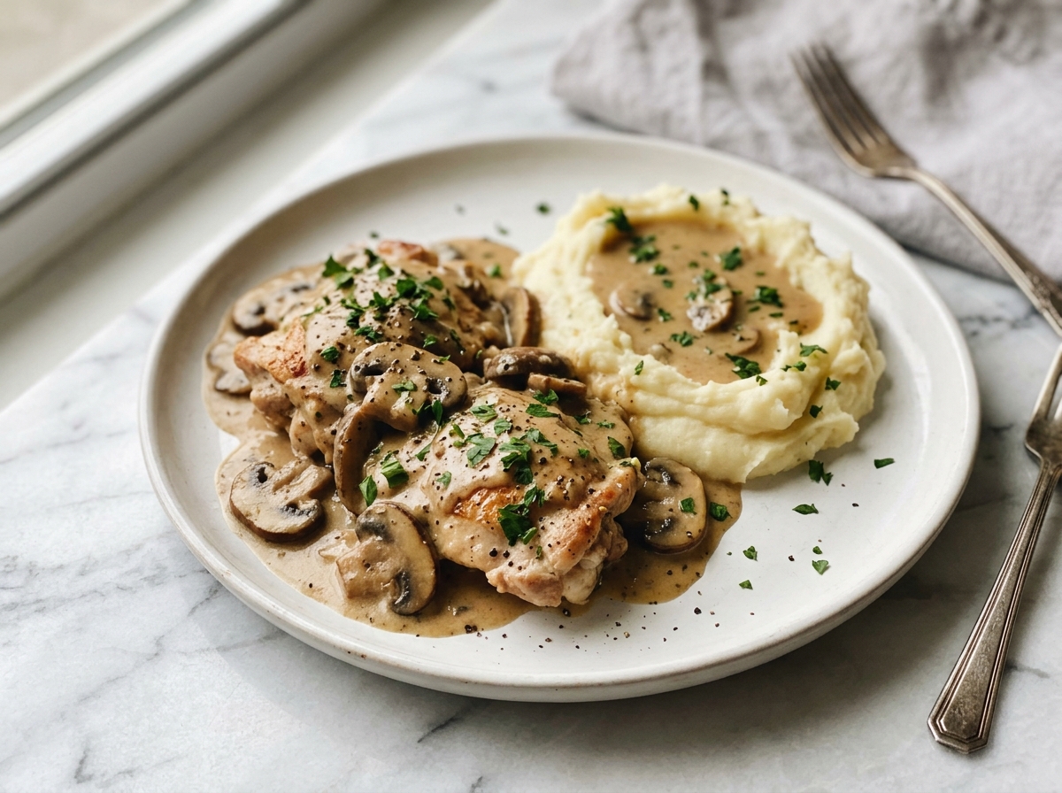 Creamy Chicken Stroganoff Recipe 6 Large white skillet filled with creamy chicken and mushroom casserole, featuring tender golden-browned chicken pieces and whole mushroom slices in a rich creamy sauce, garnished with freshly chopped parsley, presented whole in the cooking pan on a white marble countertop, natural lighting, professional food magazine style hero shot, photo taken with an iphone --ar 4:5 --v 7
