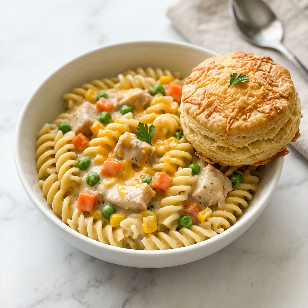 Crock Pot Chicken Pot Pie Pasta Recipe 6 Large white slow cooker filled with creamy chicken and vegetable pasta, featuring penne tossed in a rich, velvety cheese sauce with visible peas, corn, and diced carrots, whole dish captured in a professional 3/4 angle shot against a white marble background with natural lighting, styled like a hero food magazine photo taken with an iphone --ar 4:5 --v 7