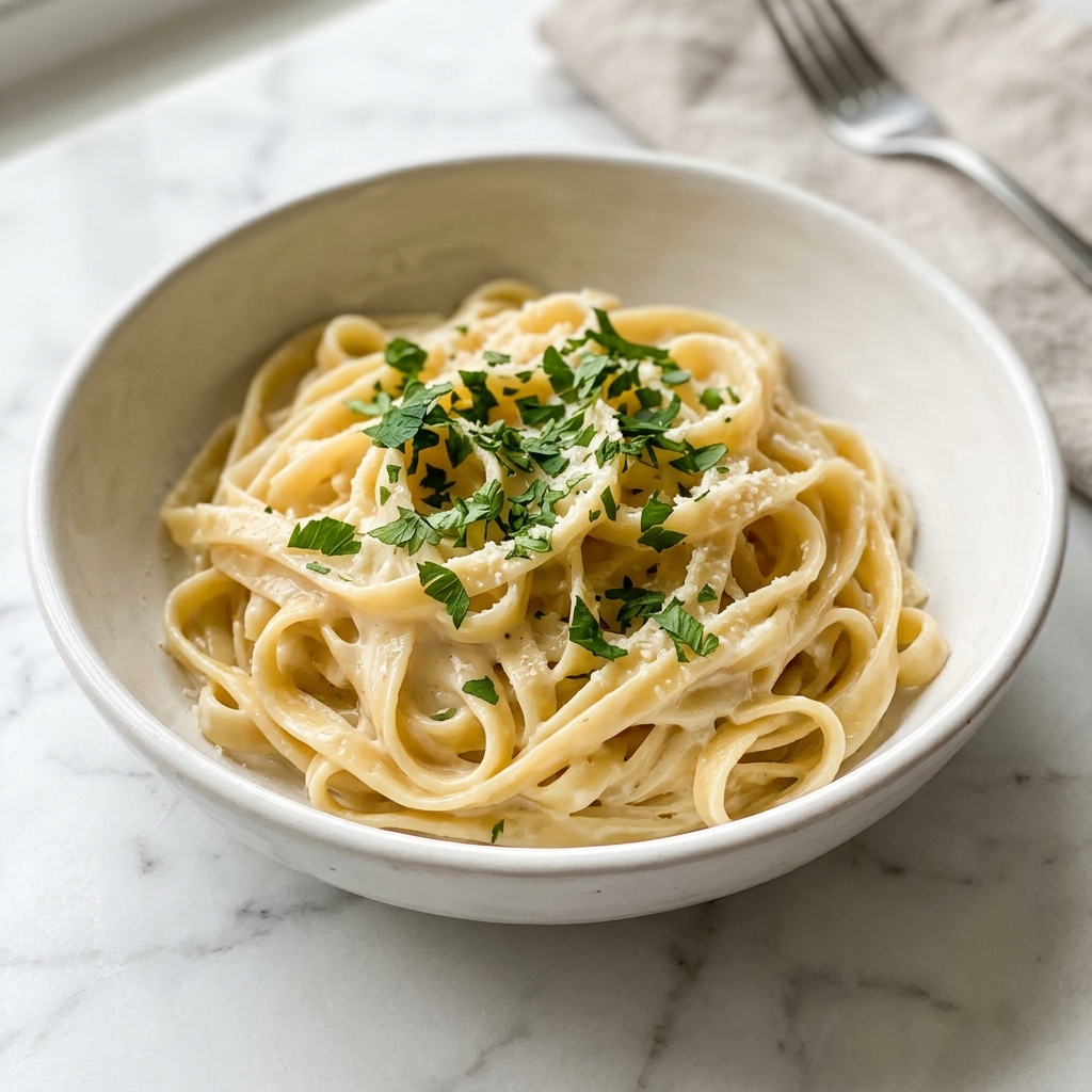 Garlic Parmesan Pasta (One Pot!) Recipe 6 Large stainless steel mixing bowl filled with creamy spaghetti Alfredo, showcasing perfectly coated noodles in a rich, smooth white sauce sprinkled evenly with fresh chopped parsley, presented as a complete batch ready to serve, photographed from a 3/4 angle on a white marble background with natural lighting highlighting the glossy texture of the pasta sauce, professional food styling photo taken with an iphone --ar 4:5 --v 7
