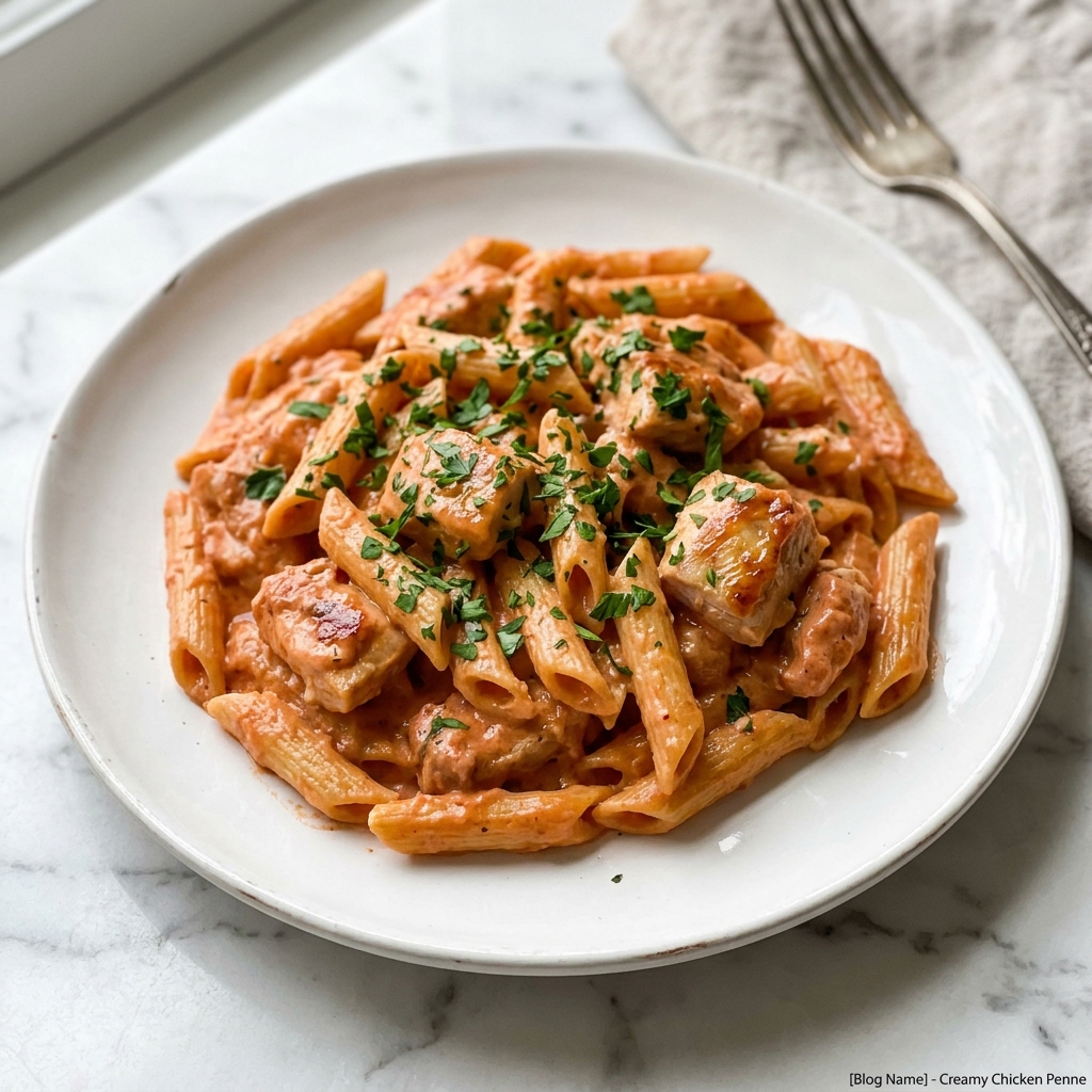 Southwest Chicken Alfredo Recipe 6 Large white enameled casserole dish filled with creamy tomato and herb penne pasta, featuring tender chunks of spiced chicken and diced tomatoes, all coated in a rich, velvety sauce and garnished generously with fresh chopped parsley, presented on a white marble surface with natural light highlighting the vibrant colors, photographed from a 3/4 angle, professional food magazine hero shot, photo taken with an iphone --ar 4:5 --v 7