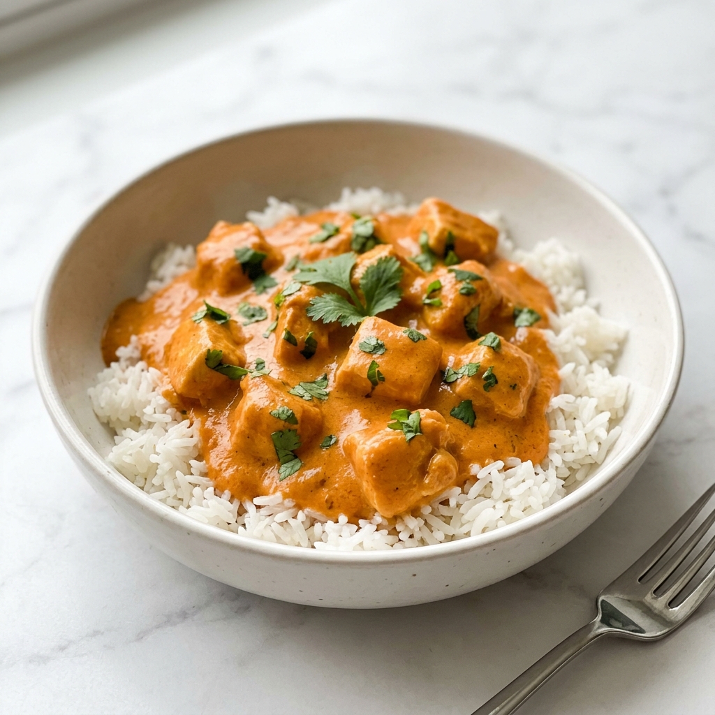 Coconut Chicken Rice Bowl Recipe 6 Large black cast iron skillet filled with creamy orange butter chicken curry featuring tender chunks of seared chicken coated in a rich tomato-based sauce, garnished with freshly chopped cilantro leaves, whole dish photographed at a 3/4 angle on a white marble countertop with natural lighting, professional food styling photo taken with an iphone --ar 4:5 --v 7