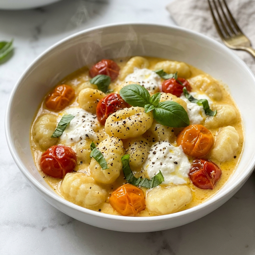 30 Minute Creamy Tomato Gnocchi with Burrata Recipe 6 Large white oval baking dish filled with creamy gnocchi baked in a rich tomato and cheese sauce, whole cherry tomatoes scattered throughout, generously topped with dollops of fresh ricotta and sprinkled with fresh sliced basil leaves and cracked black pepper, entire dish shown at a 3/4 angle on a white marble countertop with natural light highlighting the vibrant colors, professional food styling photo taken with an iphone --ar 4:5 --v 7