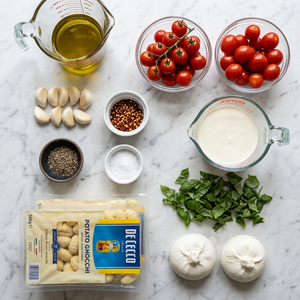 30 Minute Creamy Tomato Gnocchi with Burrata Recipe 5 Single white bowl serving of creamy gnocchi with blistered cherry tomatoes and dollops of melted ricotta cheese, garnished with fresh basil leaves and cracked black pepper, close-up angle showing the pillowy texture of gnocchi soaking in a rich, golden sauce, fresh herbs adding a vibrant pop of green, steam rising gently, set on a white marble surface, styled like a food blog shot, natural lighting, intimate plated serving photo taken with an iphone --ar 4:5 --v 7
