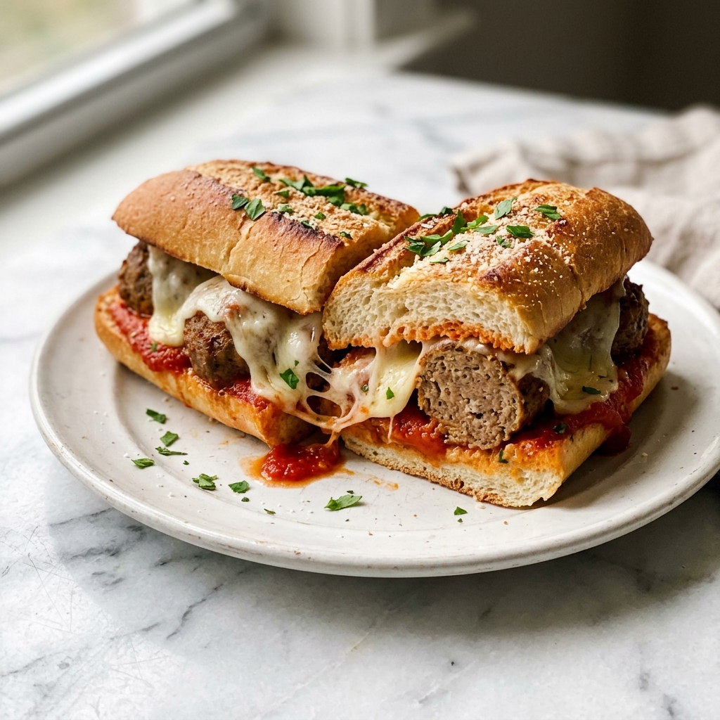 Four fully assembled white submarine sandwiches filled with meatballs, marinara sauce, and melted mozzarella cheese, garnished with chopped parsley and grated parmesan, arranged neatly on white parchment paper atop a wooden cutting board, professional 3/4 angle shot showcasing the whole sandwiches on a white marble background, natural lighting, hero food magazine style photo taken with an iphone --ar 4:5 --v 7